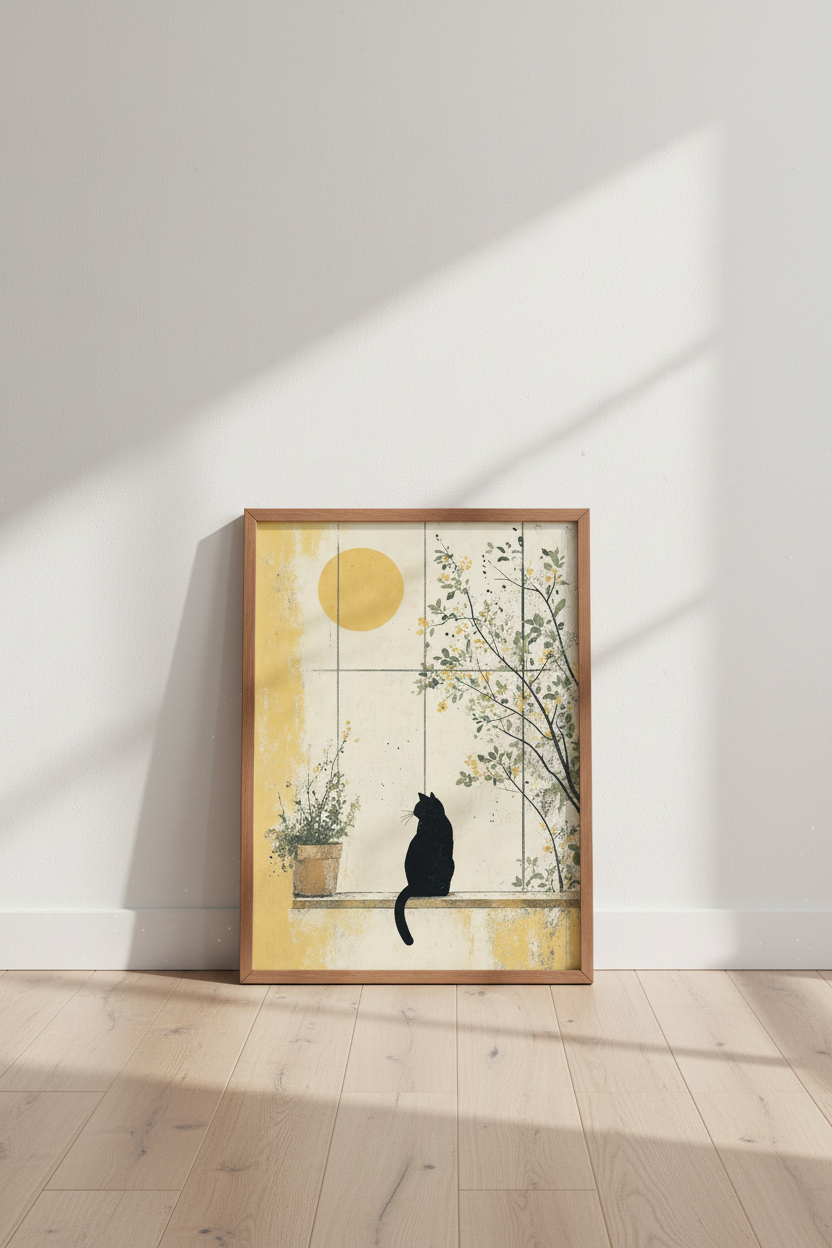 Black Cat Sun Window Art | Japanese Style Yellow Poster, Minimalist Home Decor