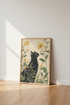 Black Cat Wildflower Wall Art Print | Boho Floral Decor | Linocut Style Poster