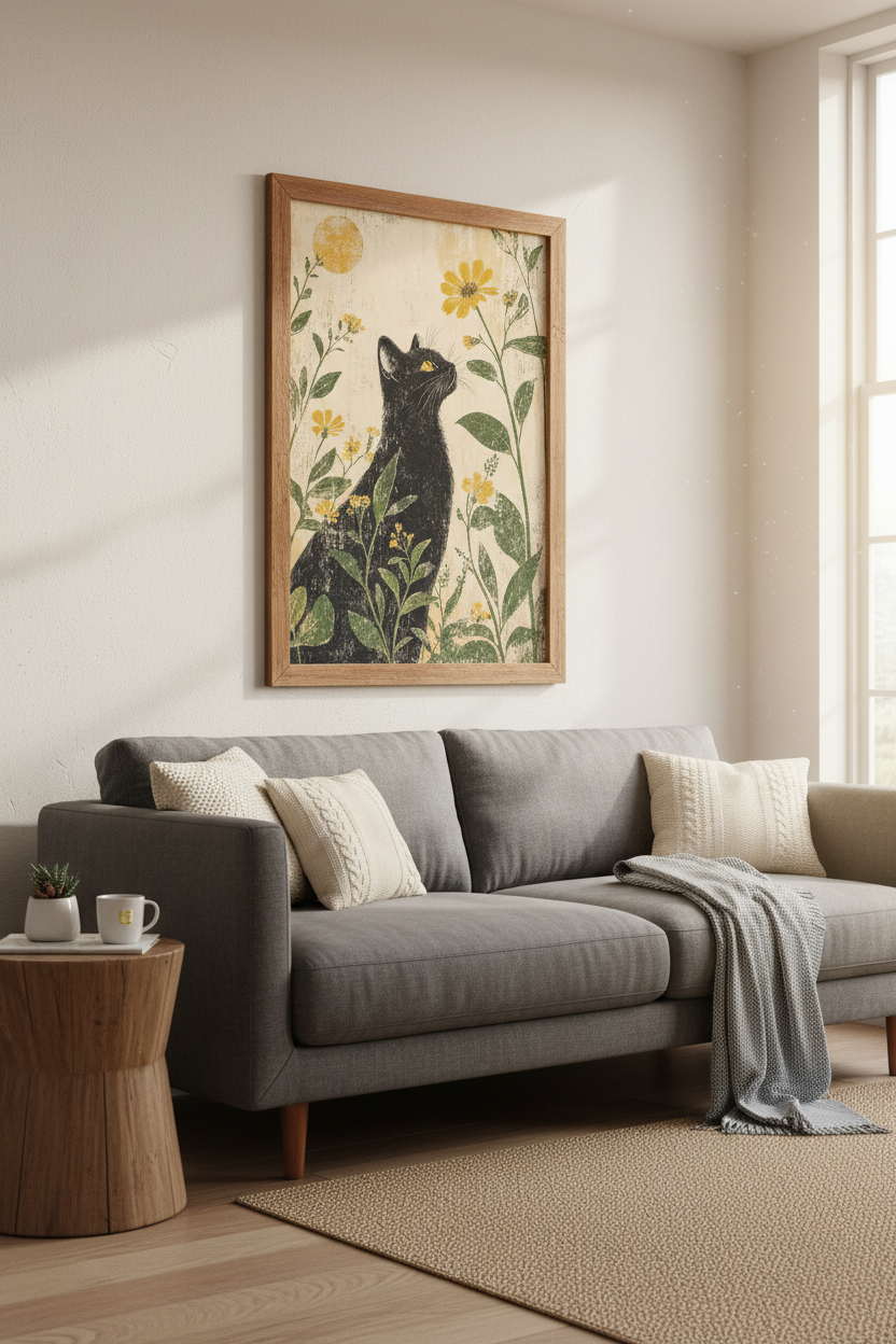 Black Cat Wildflower Wall Art Print | Boho Floral Decor | Linocut Style Poster