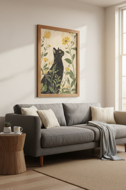 Black Cat Wildflower Wall Art Print | Boho Floral Decor | Linocut Style Poster