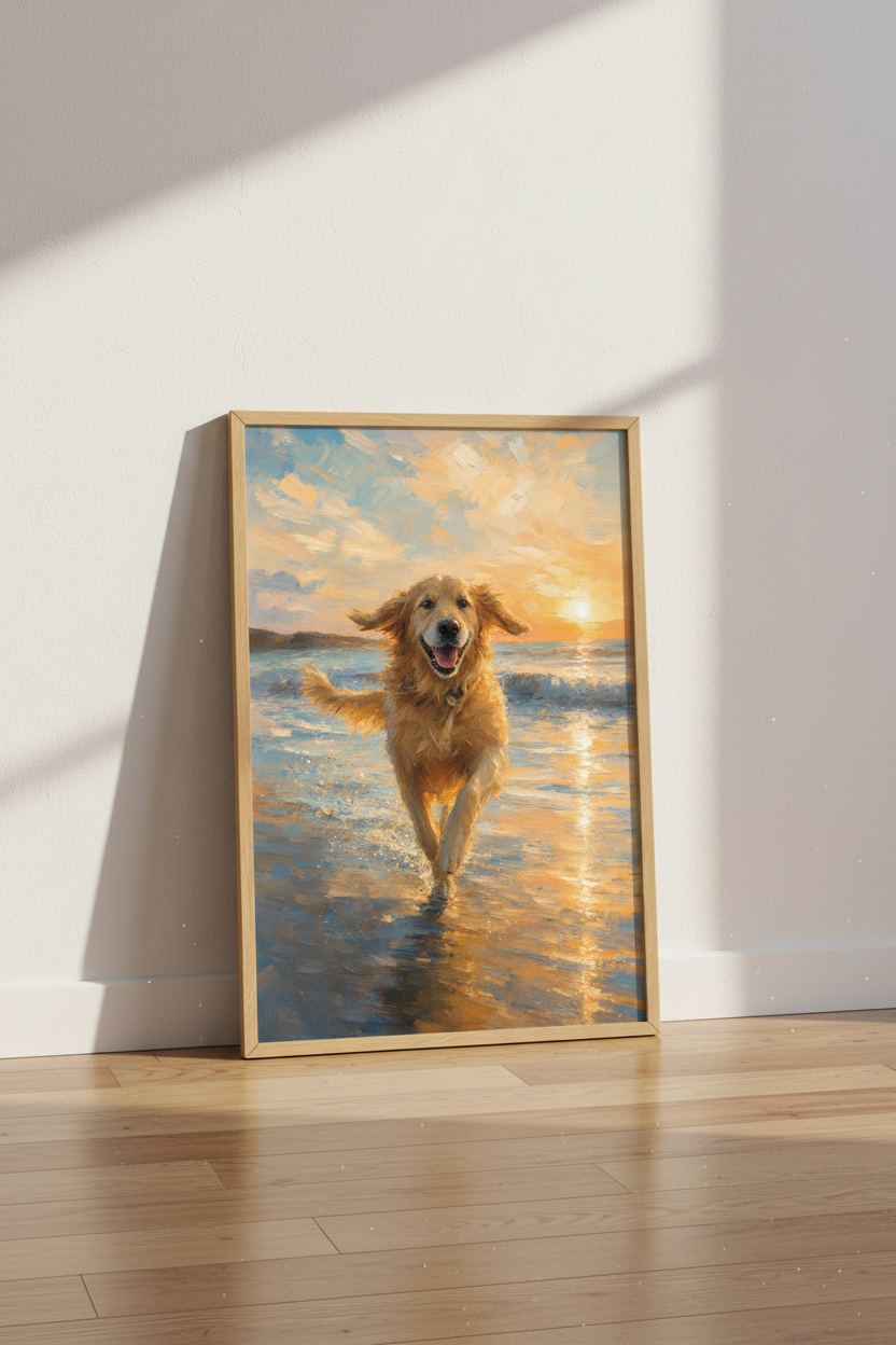 Golden Retriever Beach Sunset Wall Art | Impressionist Oil Painting, Coastal Decor