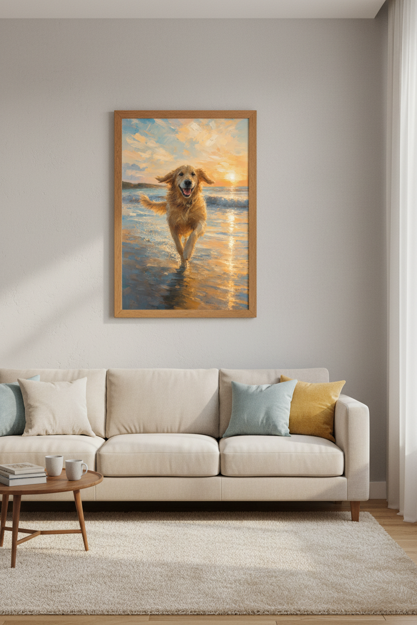 Golden Retriever Beach Sunset Wall Art | Impressionist Oil Painting, Coastal Decor
