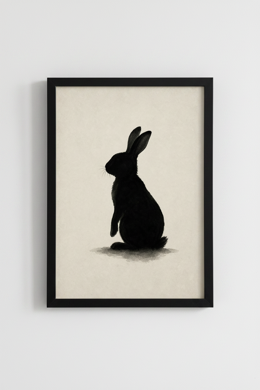 Rabbit Silhouette Wall Art Print | Minimalist Ink Bunny Decor | Neutral Nursery Poster