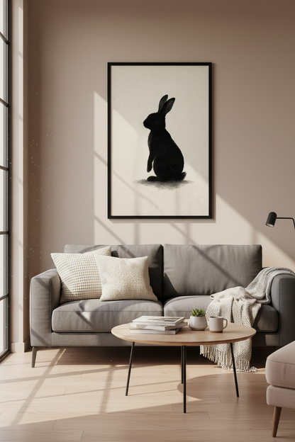 Rabbit Silhouette Wall Art Print | Minimalist Ink Bunny Decor | Neutral Nursery Poster