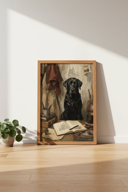Black Labrador Scholar Art | Dark Academia Dog Poster, Library Wall Decor