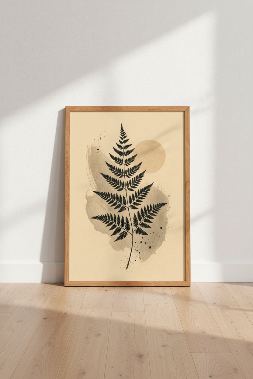 Minimalist Fern Botanical Wall Art | Beige Boho Poster, Modern Living Room Decor