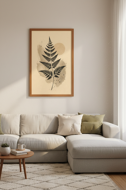 Minimalist Fern Botanical Wall Art | Beige Boho Poster, Modern Living Room Decor