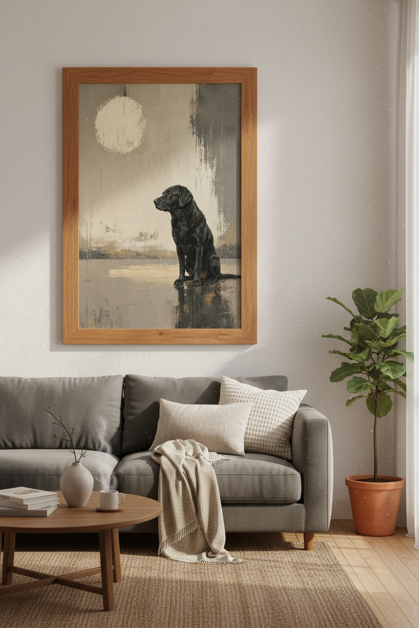 Black Labrador Wall Art | Moody Oil Painting Style, Neutral Home Decor