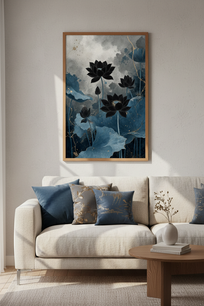 Black Lotus Wall Art | Navy &amp; Gold Zen Botanical Print | Moody Japandi Decor