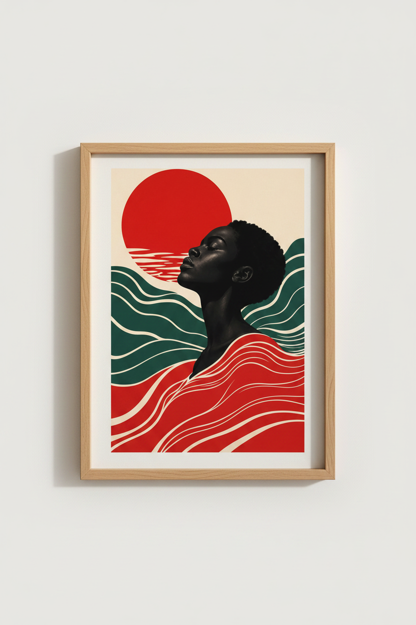 Afrocentric wall art | Retro Sunset tones, Teal Waves | Living Room decor