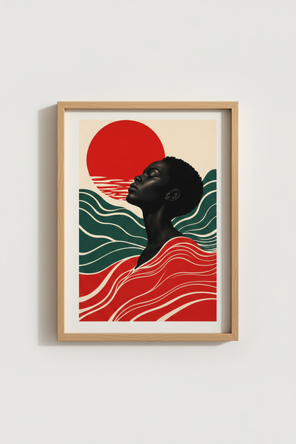 Afrocentric wall art | Retro Sunset tones, Teal Waves | Living Room decor