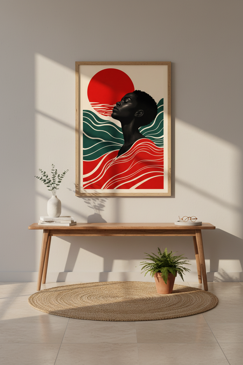 Afrocentric wall art | Retro Sunset tones, Teal Waves | Living Room decor