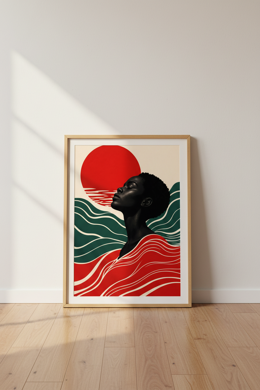 Afrocentric wall art | Retro Sunset tones, Teal Waves | Living Room decor