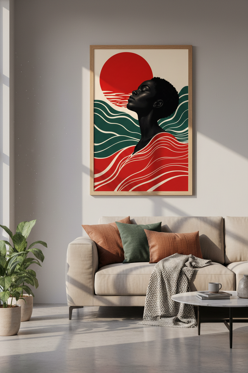 Afrocentric wall art | Retro Sunset tones, Teal Waves | Living Room decor