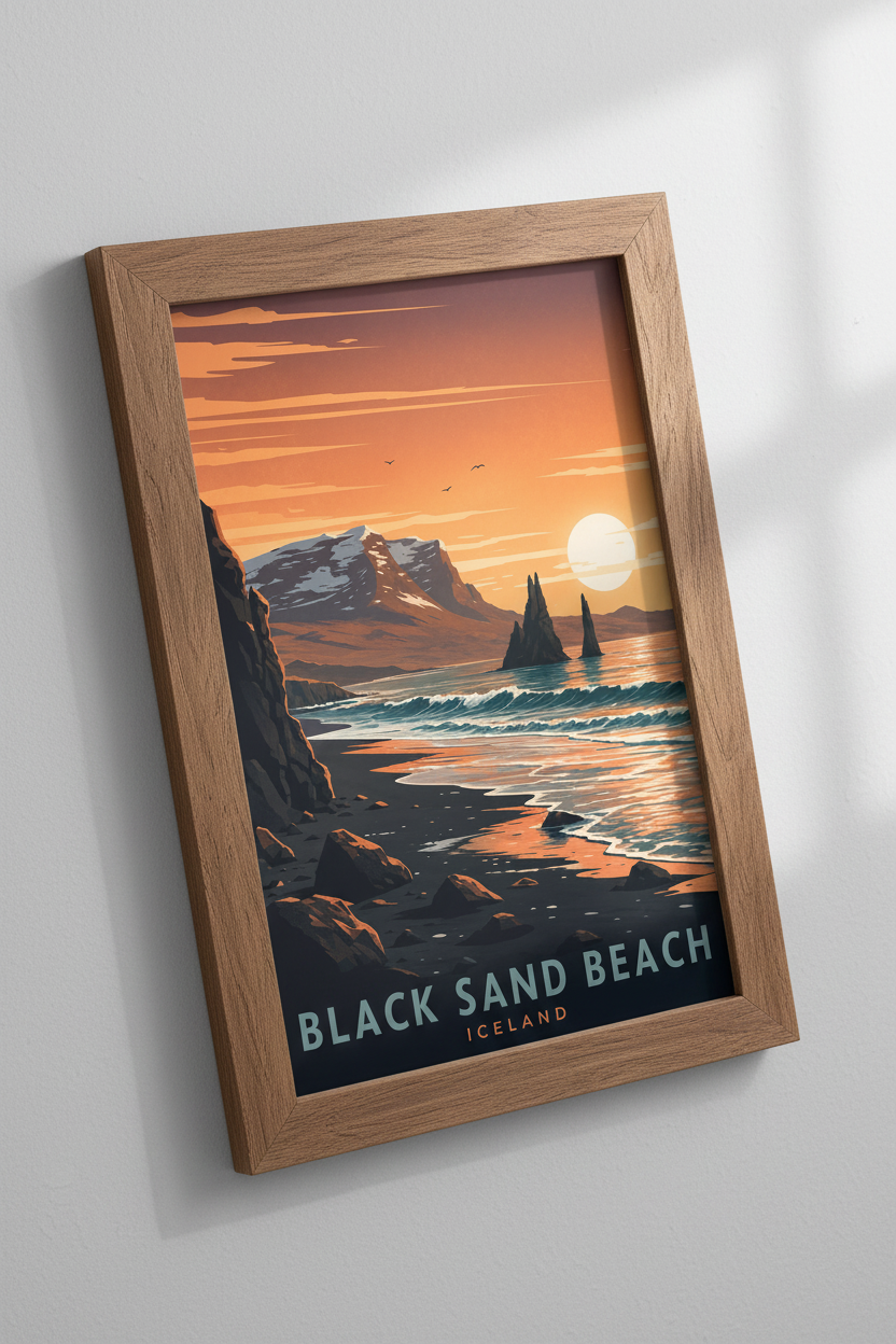 Iceland Black Sand Beach Travel Poster | Orange Sunset Landscape, Modern Home Decor