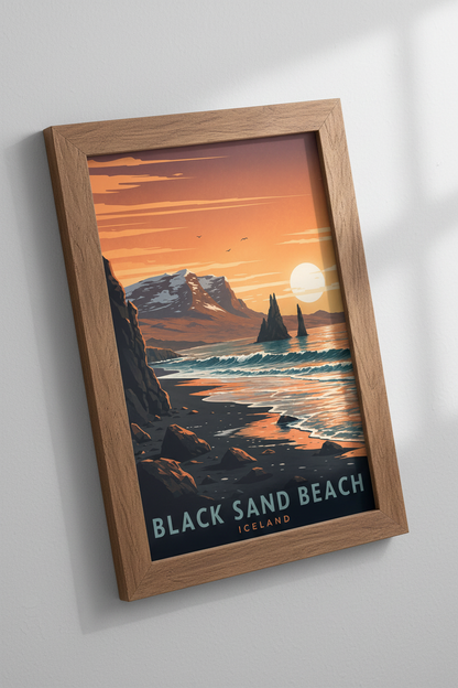 Iceland Black Sand Beach Travel Poster | Orange Sunset Landscape, Modern Home Decor