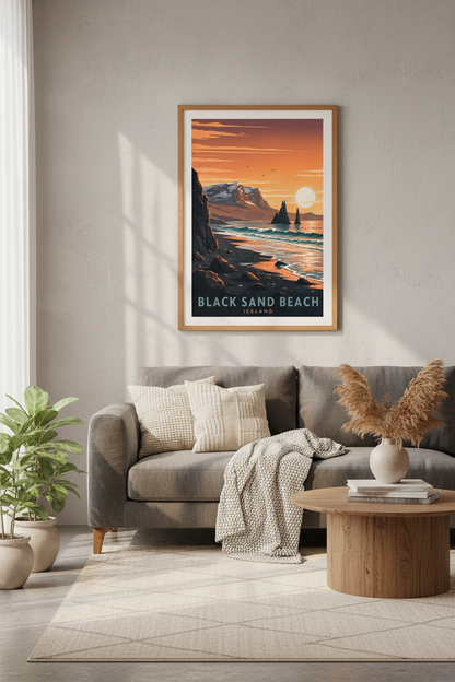 Iceland Black Sand Beach Travel Poster | Orange Sunset Landscape, Modern Home Decor