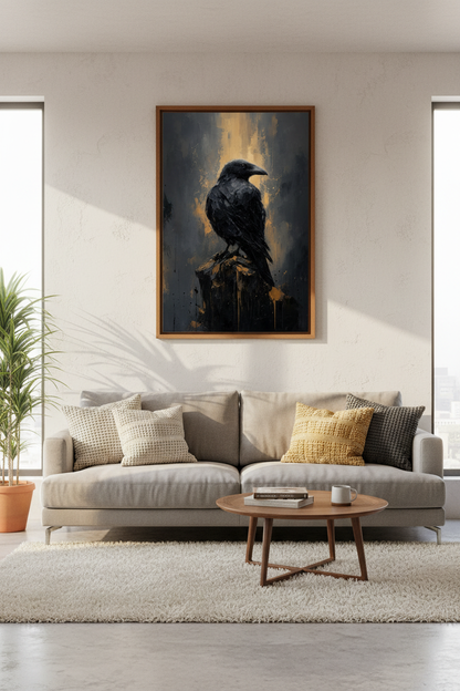 Black Raven Painting | Moody Gothic Gold Accents, Dark Academia Office Decor