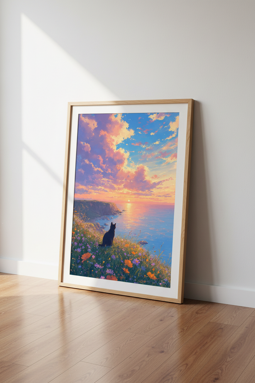 Black Cat Sunset Ocean Wall Art | Pastel Anime Landscape | Dreamy Coastal Decor