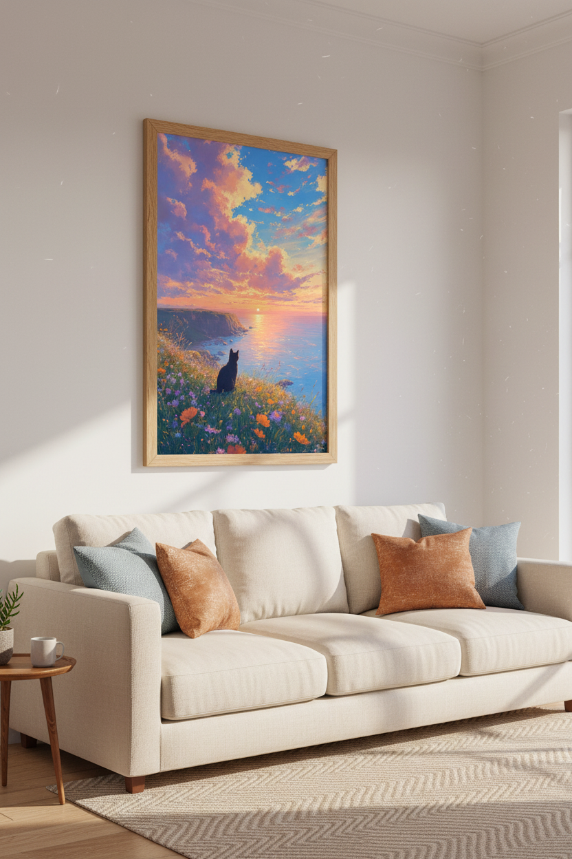 Black Cat Sunset Ocean Wall Art | Pastel Anime Landscape | Dreamy Coastal Decor