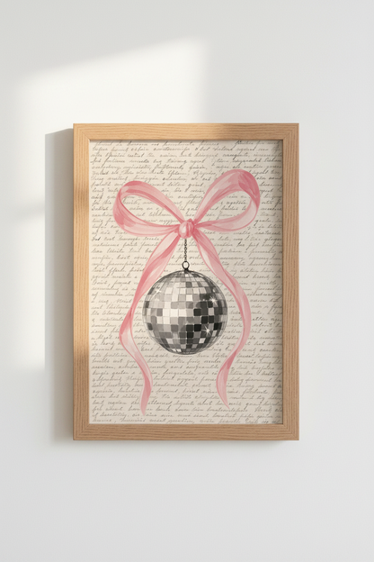 Coquette Disco Ball Print | Pink Bow Vintage Aesthetic, Dorm &amp; Bedroom Wall Art