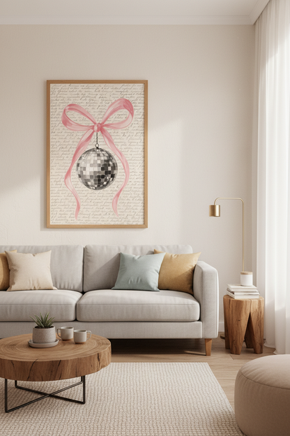 Coquette Disco Ball Print | Pink Bow Vintage Aesthetic, Dorm &amp; Bedroom Wall Art