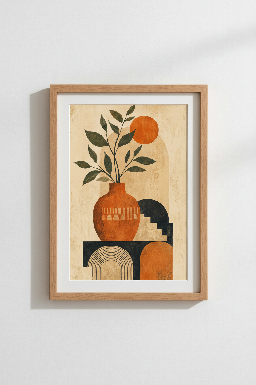 Mid-century wall art | Abstract vase print, warm orange | Living room decor