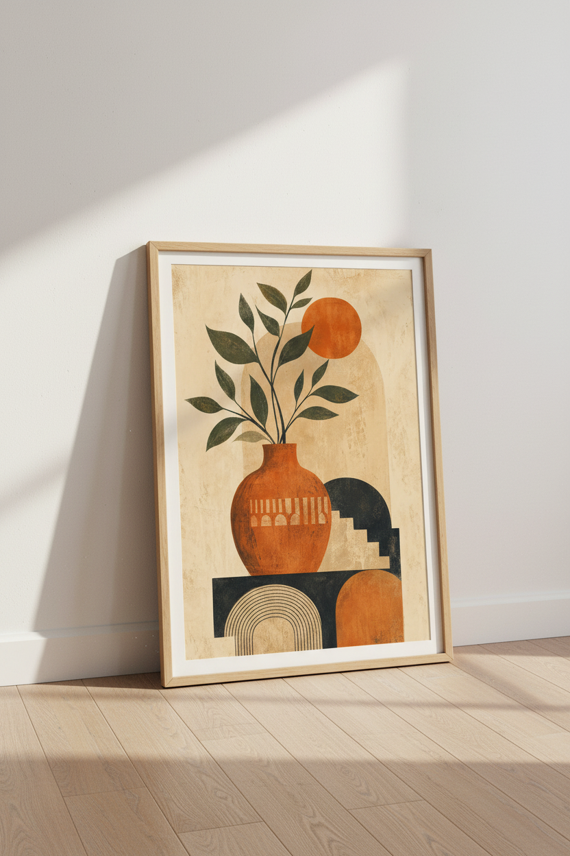 Mid-century wall art | Abstract vase print, warm orange | Living room decor