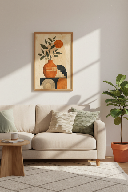 Mid-century wall art | Abstract vase print, warm orange | Living room decor
