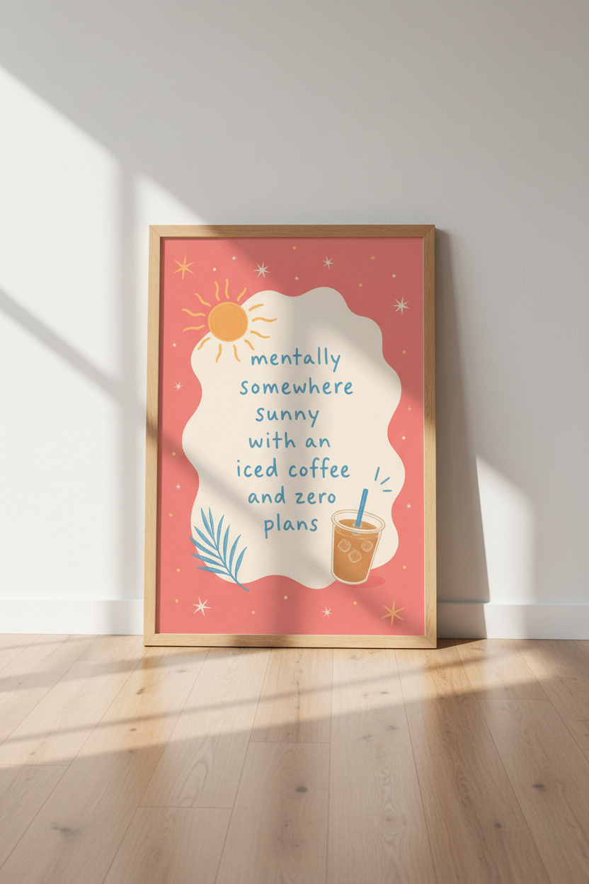 Iced Coffee Quotes Wall Art Print | Pink Kitchen Decor | Sunny Retro Poster