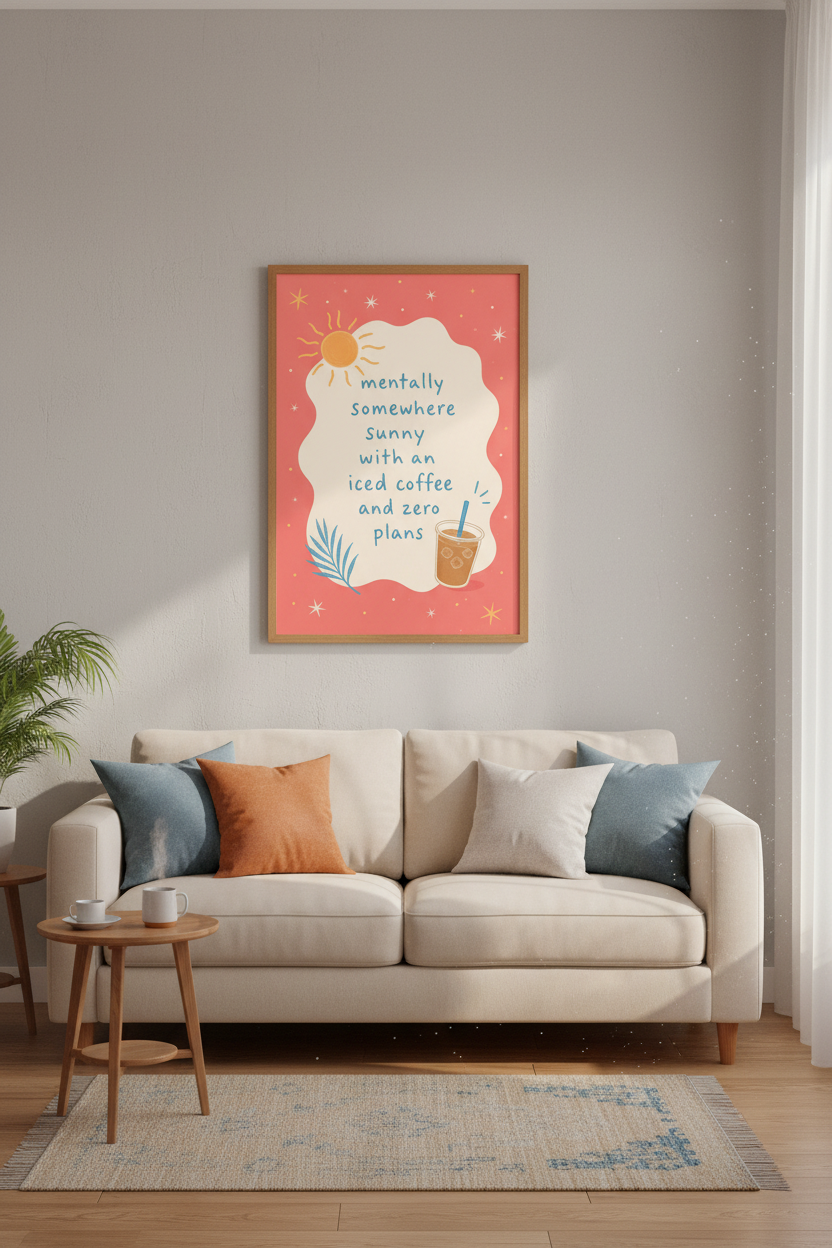 Iced Coffee Quotes Wall Art Print | Pink Kitchen Decor | Sunny Retro Poster