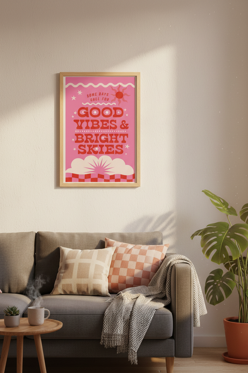 Good Vibes Bright Skies Wall Art Print | Pink Red Dorm Decor | Retro Preppy Poster