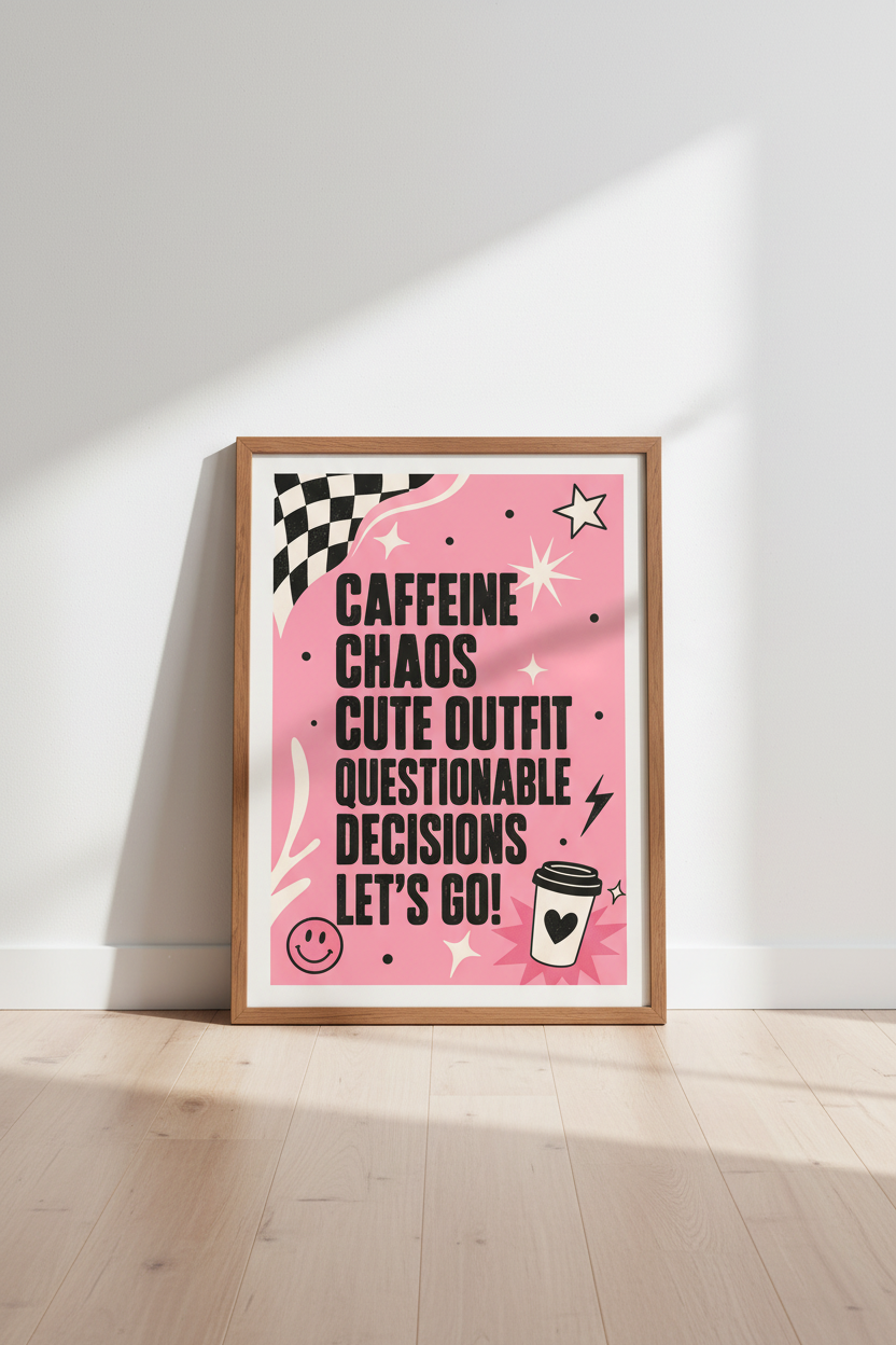 Caffeine Chaos Wall Art Print | Pink Retro Dorm Decor | Funny Y2K Aesthetic Poster