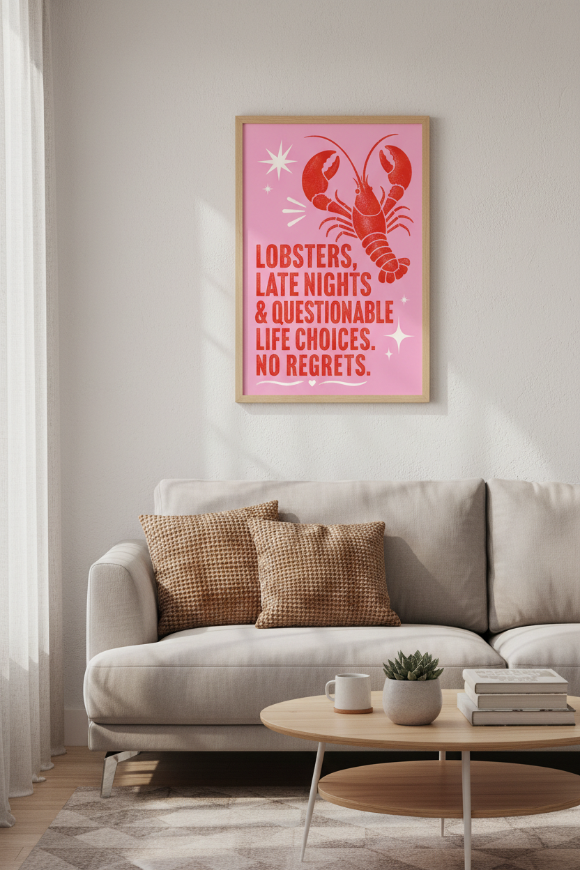 Lobster Quote Wall Art Print | Funny Pink Kitchen Decor | Retro Kitsch Poster
