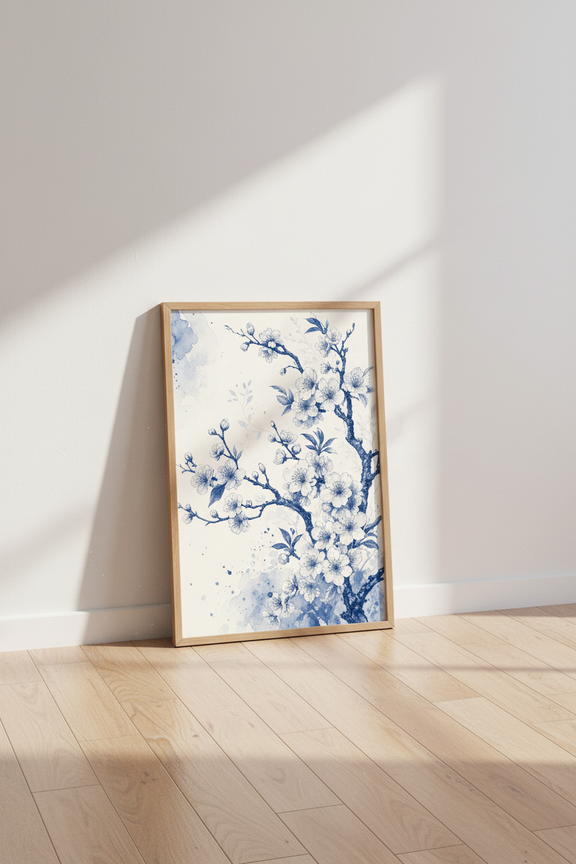 Blue Cherry Blossom Wall Art Print | Japanese Watercolor Flower | Zen Botanical Poster