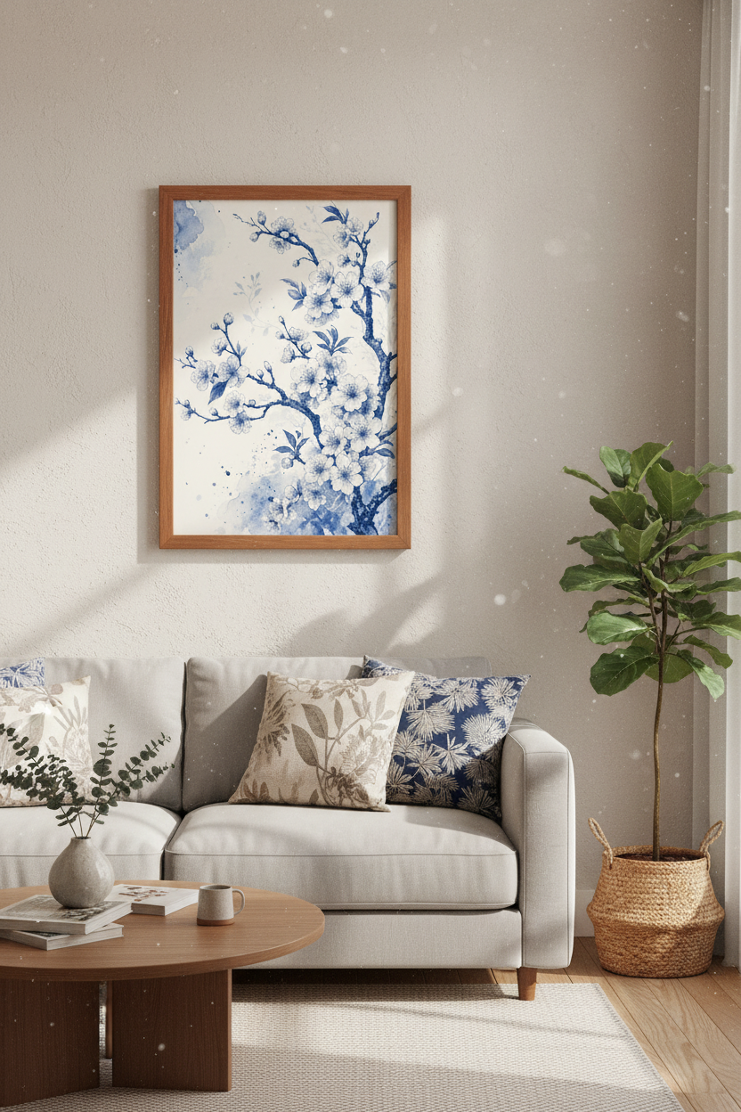 Blue Cherry Blossom Wall Art Print | Japanese Watercolor Flower | Zen Botanical Poster