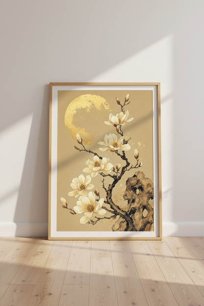 Japanese Magnolia Wall Art | Gold Sun Floral Print, Zen Japandi Decor Poster