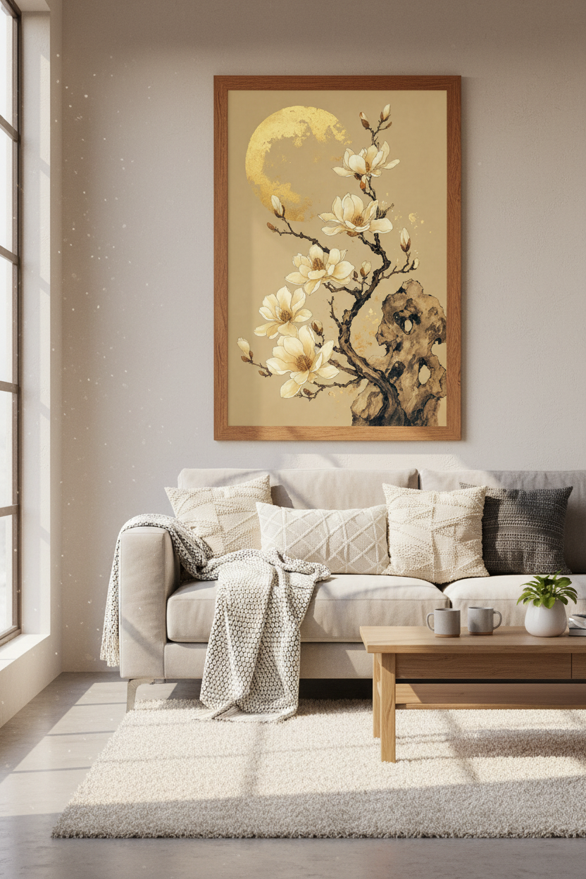 Japanese Magnolia Wall Art | Gold Sun Floral Print, Zen Japandi Decor Poster