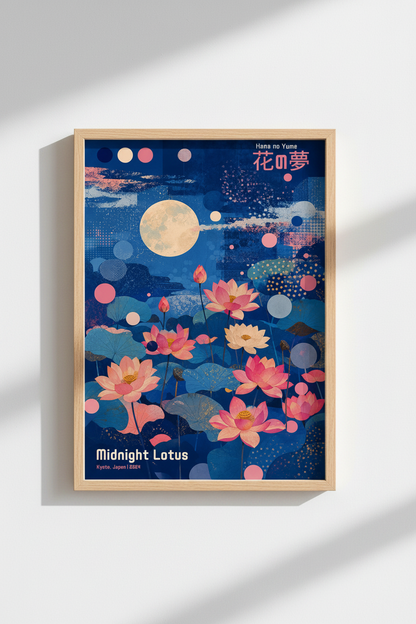 Japanese Lotus Flower Art Print | Kyoto Midnight Floral Poster | Zen Aesthetic Decor