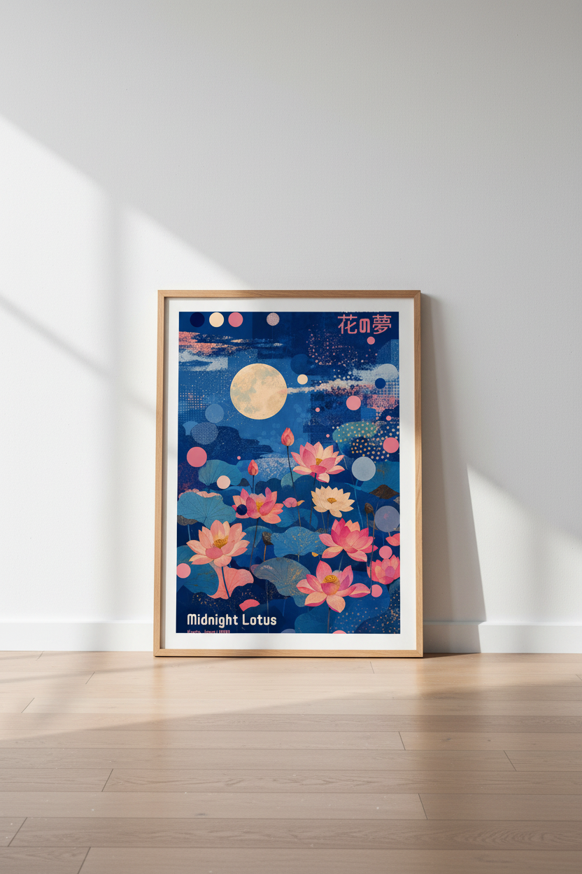 Japanese Lotus Flower Art Print | Kyoto Midnight Floral Poster | Zen Aesthetic Decor