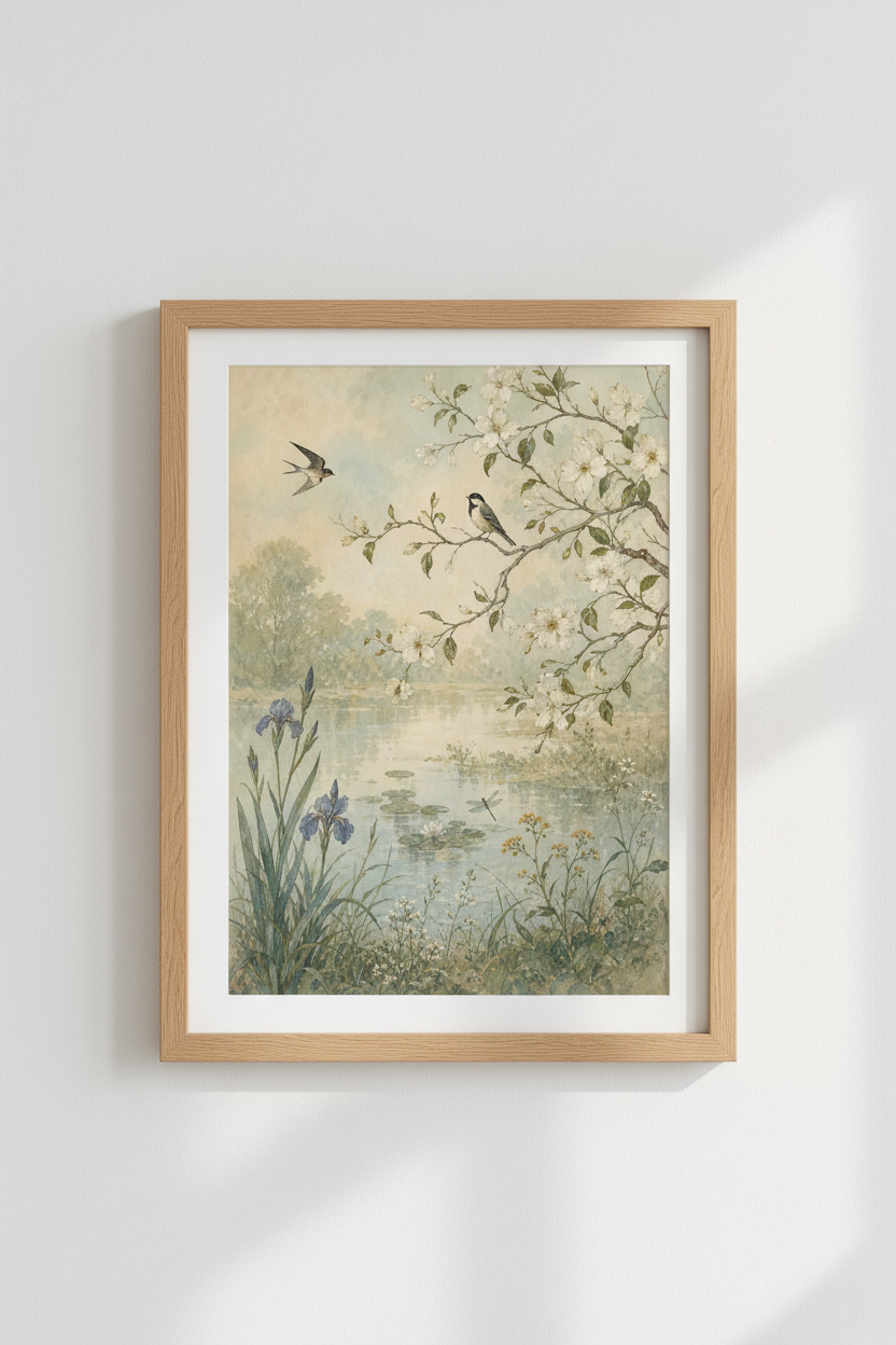 Chinoiserie Bird Wall Art | Vintage Floral Pond Print, Watercolor Aesthetic Poster