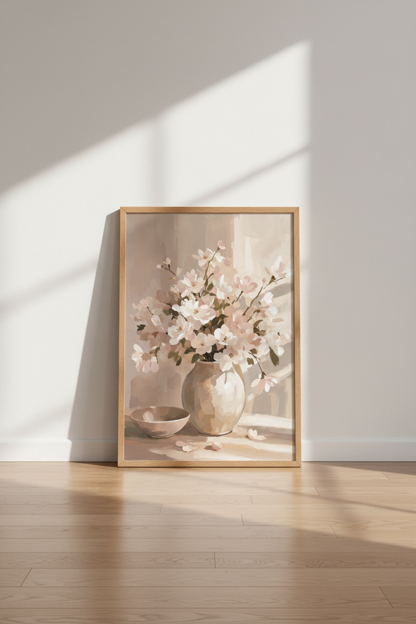 Blush Floral Vase Wall Art Print | Neutral Living Room Decor | Minimalist Poster