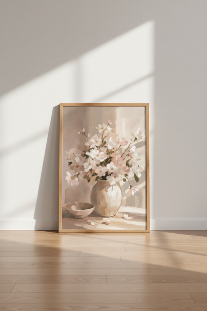 Blush Floral Vase Wall Art Print | Neutral Living Room Decor | Minimalist Poster