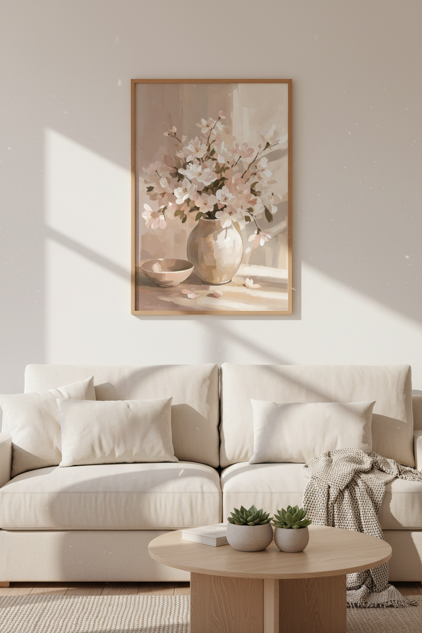 Blush Floral Vase Wall Art Print | Neutral Living Room Decor | Minimalist Poster