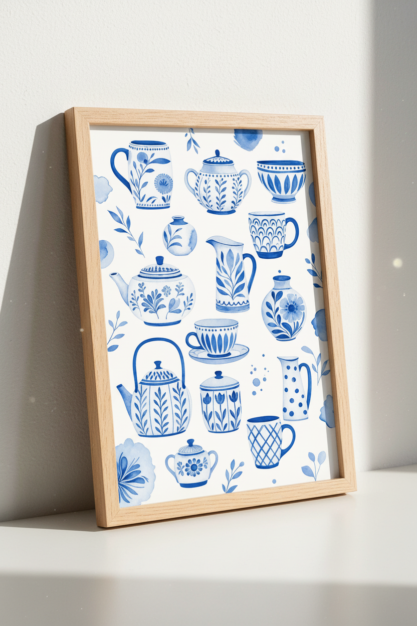 Blue Watercolor Teapot Wall Art | Kitchen Decor | Chinoiserie Pottery Poster