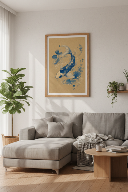 Koi Fish Wall Art | Japanese Blue &amp; Gold Poster, Zen Living Room Decor