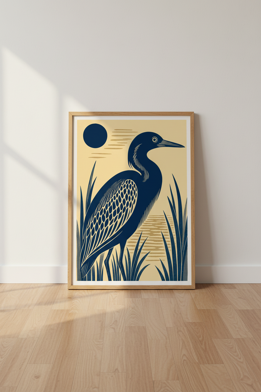 Blue Heron Bird Wall Art | Navy &amp; Gold Japandi Print, Coastal Modern Decor