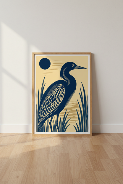 Blue Heron Bird Wall Art | Navy &amp; Gold Japandi Print, Coastal Modern Decor