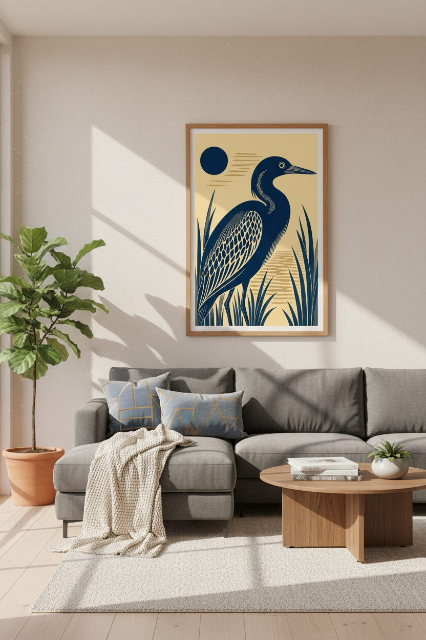 Blue Heron Bird Wall Art | Navy &amp; Gold Japandi Print, Coastal Modern Decor