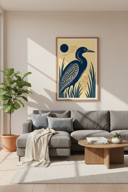 Blue Heron Bird Wall Art | Navy &amp; Gold Japandi Print, Coastal Modern Decor